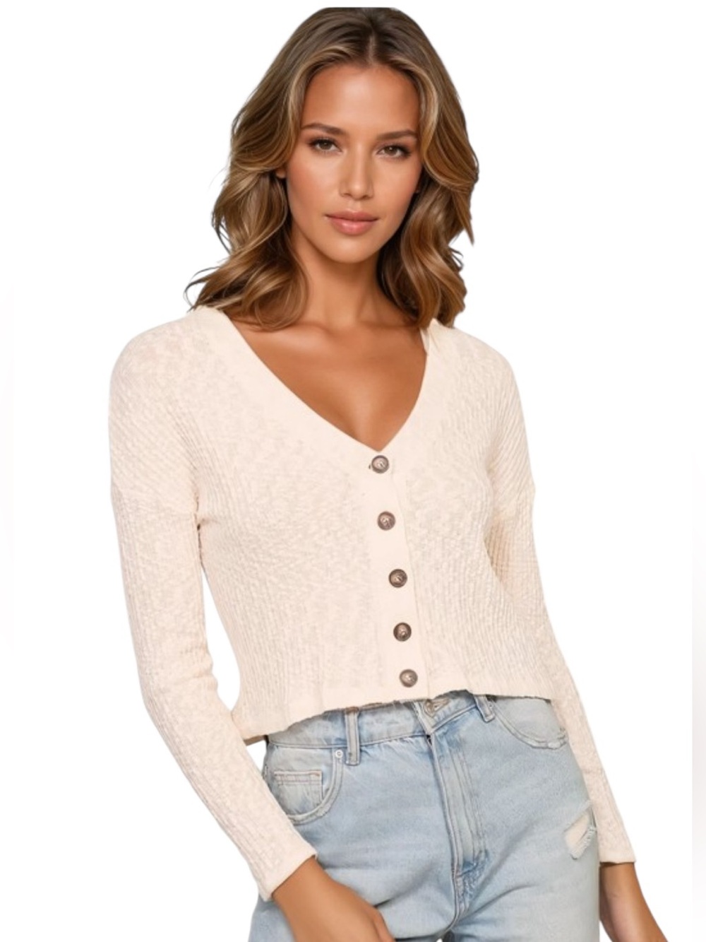 Lumiere Natural color V Neck Button Ip Ribbed knit Top